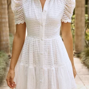 Embroidered Short Sleeve Mini Dress White